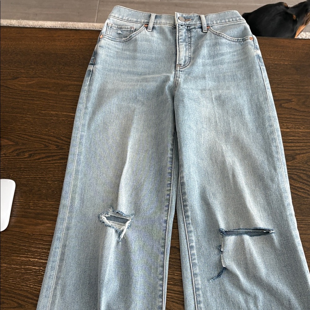 Express Wide Leg High Rise Light Blue Jeans with Distressed Knees Size 27 - Picture 2 of 11
